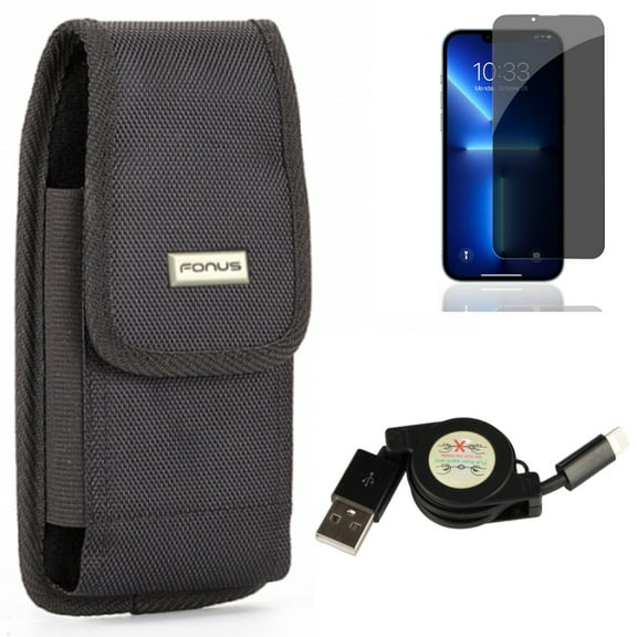 Case Belt Clip & Privacy Screen Protector & USB Cable for iPhone 13,Pro ONLY - Swivel Holster Rugged   Tempered Glass Curved Anti-Spy   Retractable Charger Power Combo