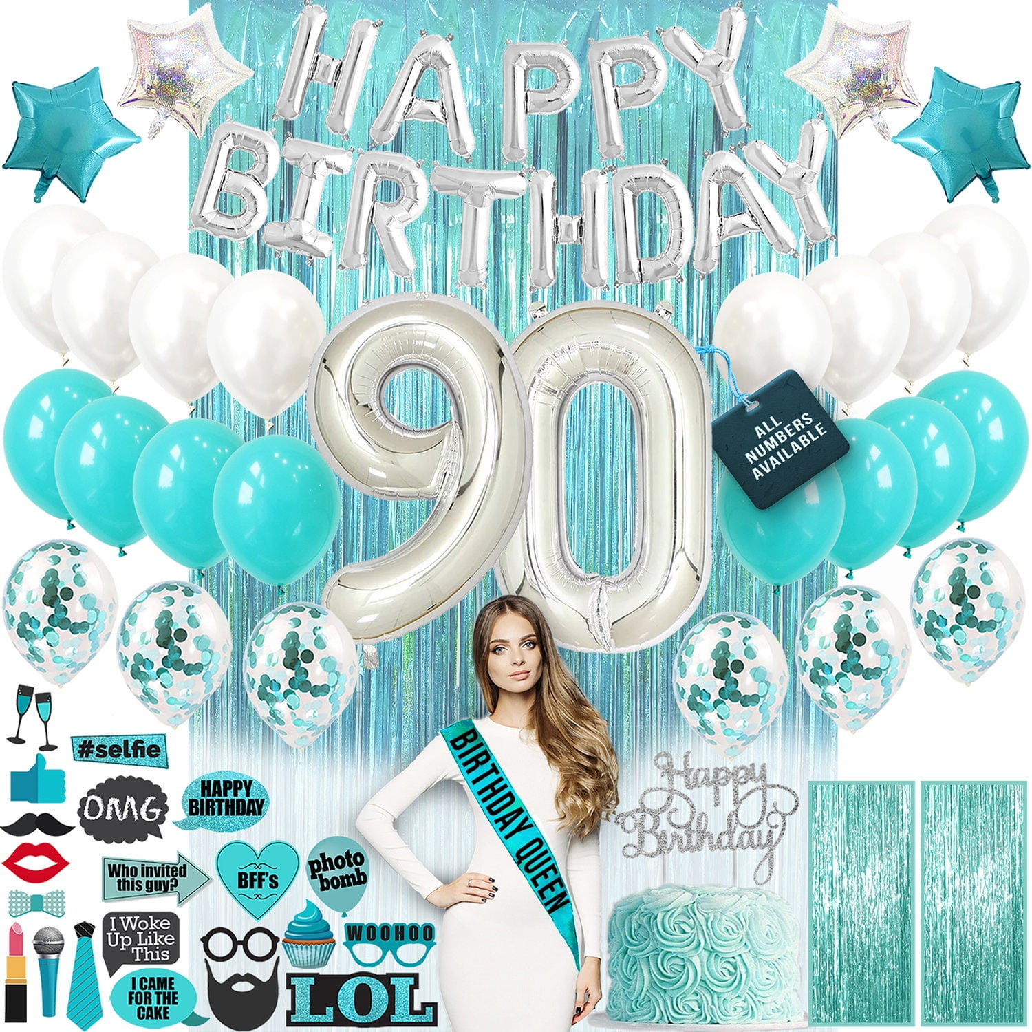 90th Birthday Decorations, 90th Birthday Party Supplies, 90th Birthday Banner Teal Green, Confetti Balloons Her, 90 Cake Topper, 90th Gifts - Walmart.com