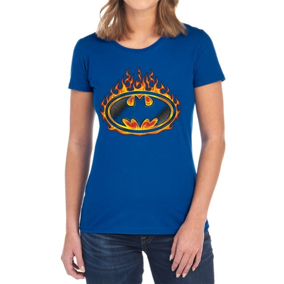 Batman Bat Flames Shield Women's T Shirt, Royal, X-Large