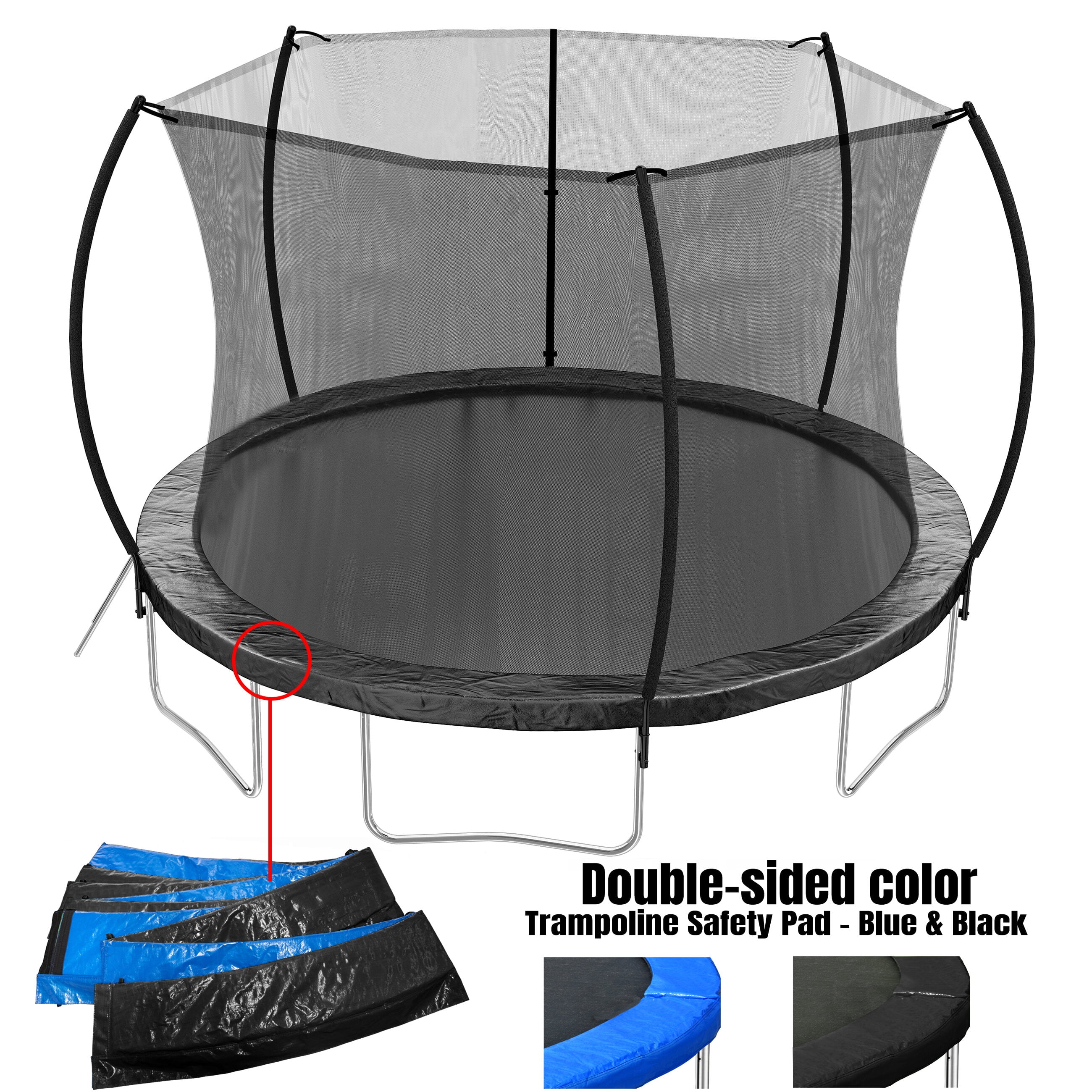 Mini Trampoline, 12FT Trampoline (Double-side color pad) , Trampoline for Kids and Adults with Enclosure Net and Ladder,Curved fence pole, Black Trampoline For Kids,Steel Fitness Trampoline