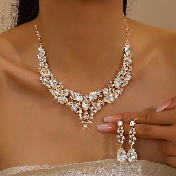 SmartBy 2Pcs/Set Women Jewelry Set Sparkling Water Drop Design Wedding Necklace Drop Earrings Set Bridal Jewelry Gift