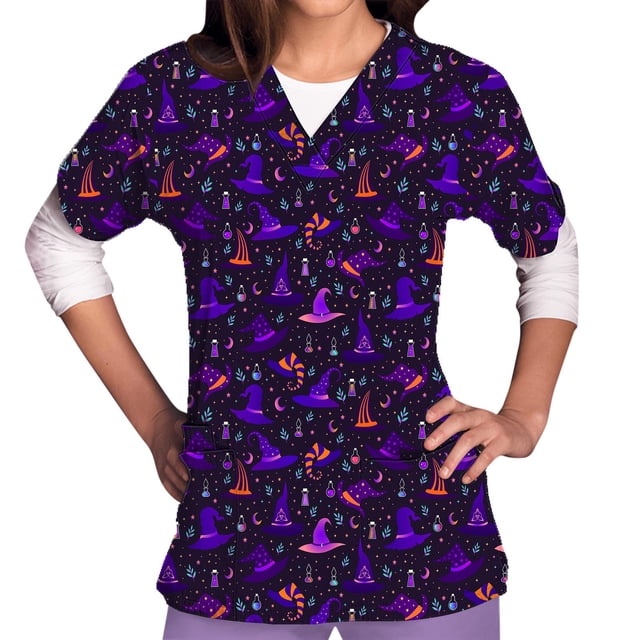 Dvkptbk Sarrau pour Femmes Halloween T-Shirts d'Halloween pour Femmes à Imprimé Citrouille et Araignée Hauts d'Infirmière Tenue de Travail avec Poches Mode Décontractée Col en V Manches Courtes