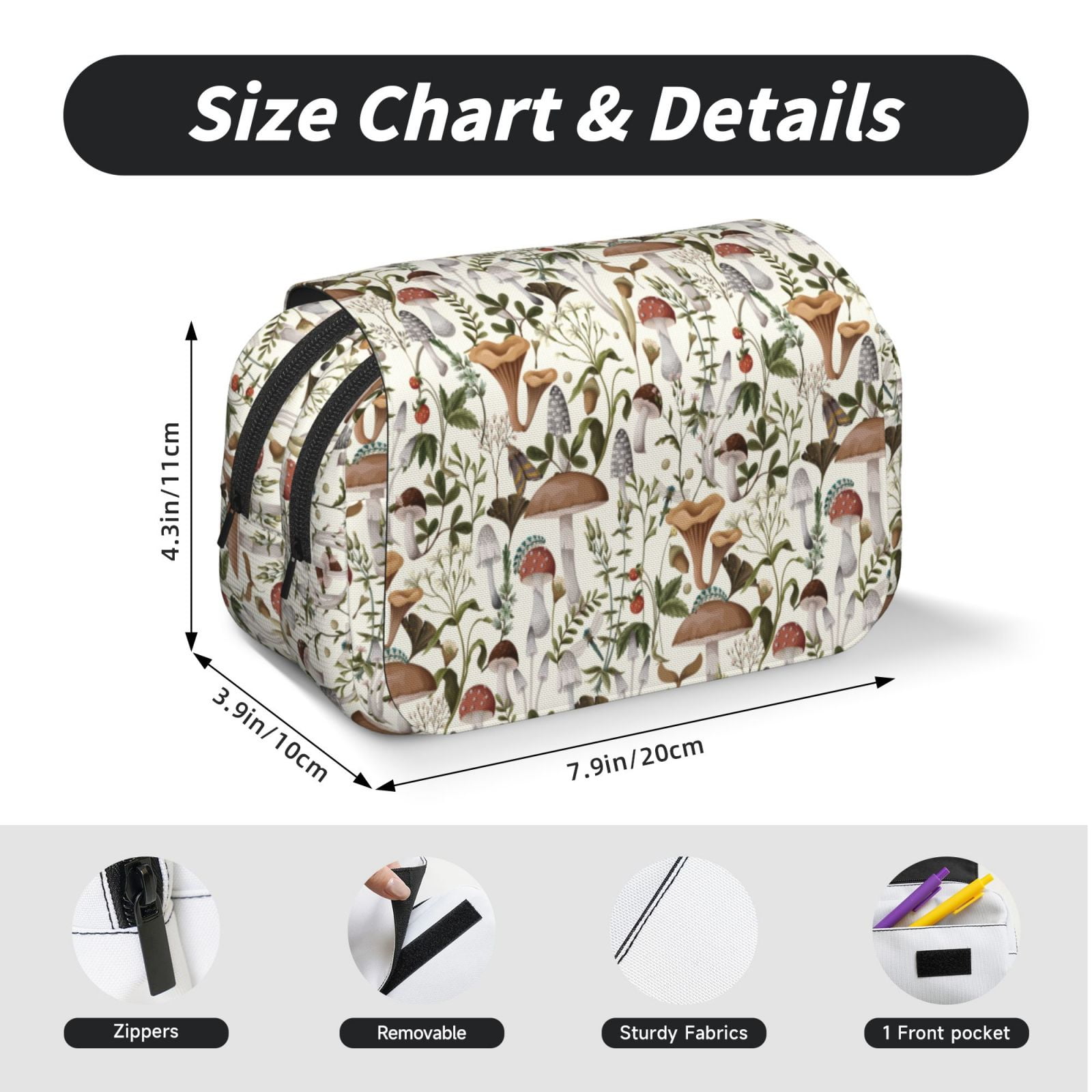 Rateoe Mushroom Garnish Pattern Double Clamshell Pen Case, Storage Organizer with Two Zipper Compartments– Holds Up to 50 Pencils & Pens