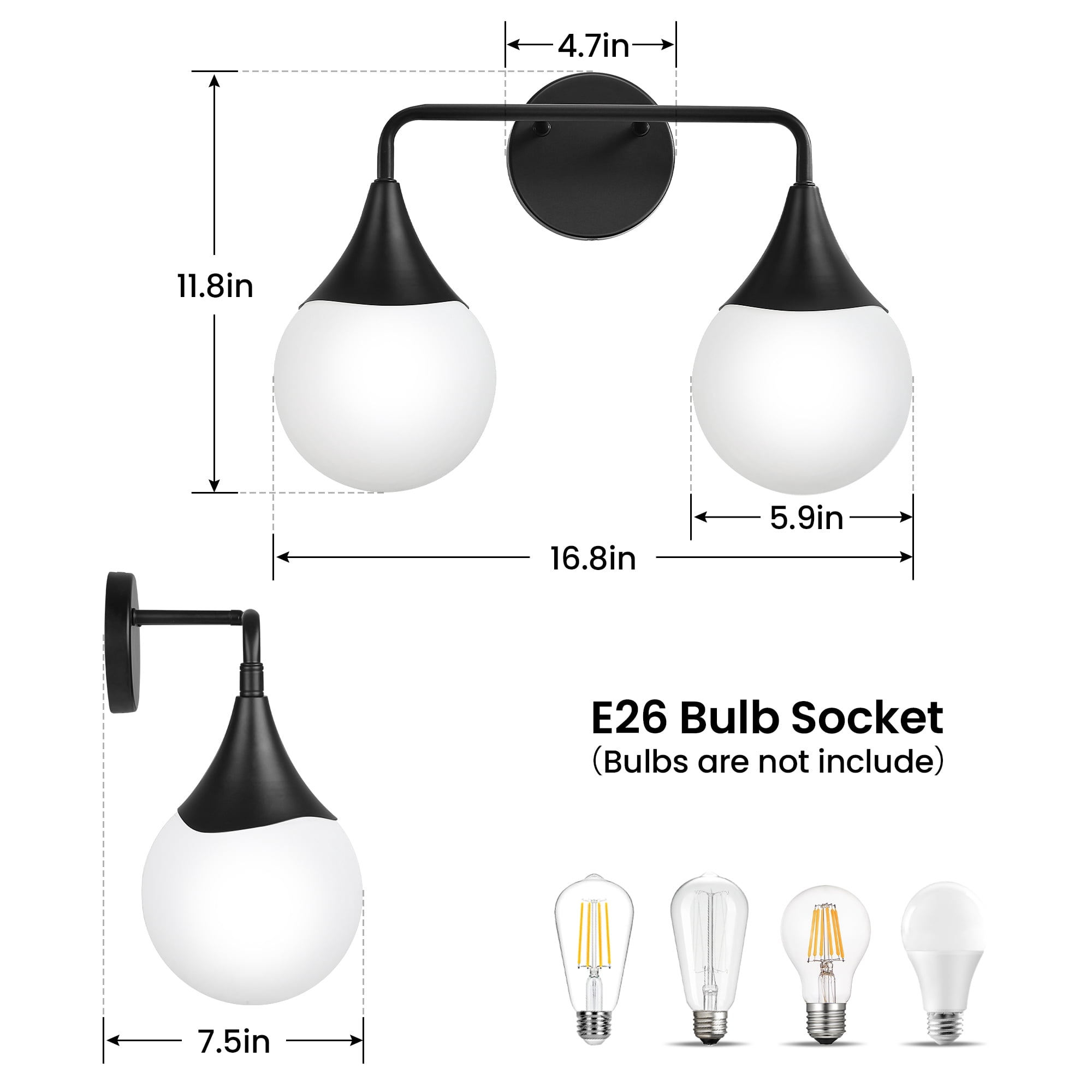 Bathroom Vanity Light 2 Lights Bathroom Lighting Fixtures Over Matte Black Wall Sconces with Frosted Globe Glass for Hallway Restroom