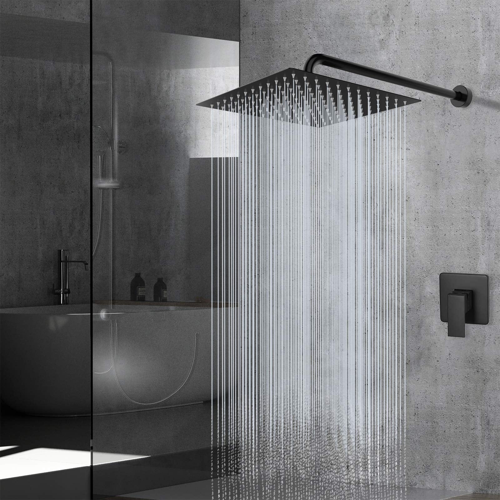 Rain Shower Head - High Flow Large Rainfall Heads Made Of Stainless Steel Waterfall Bathroom Square Showerhead Ceiling Or Wall Mount (12" Black)