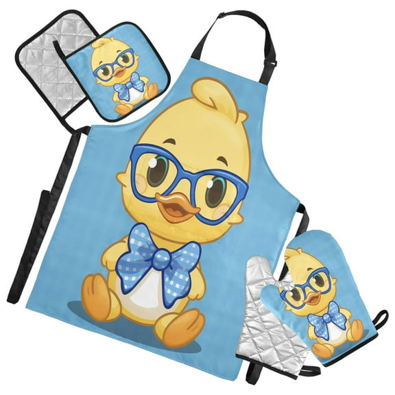 5 Pcs Kitchen Set Heat Resistant Oven Mitts and Non-Slip Pot Holders with Adjustable Cooking Apron Cute Duck Wear Glasses and Tie