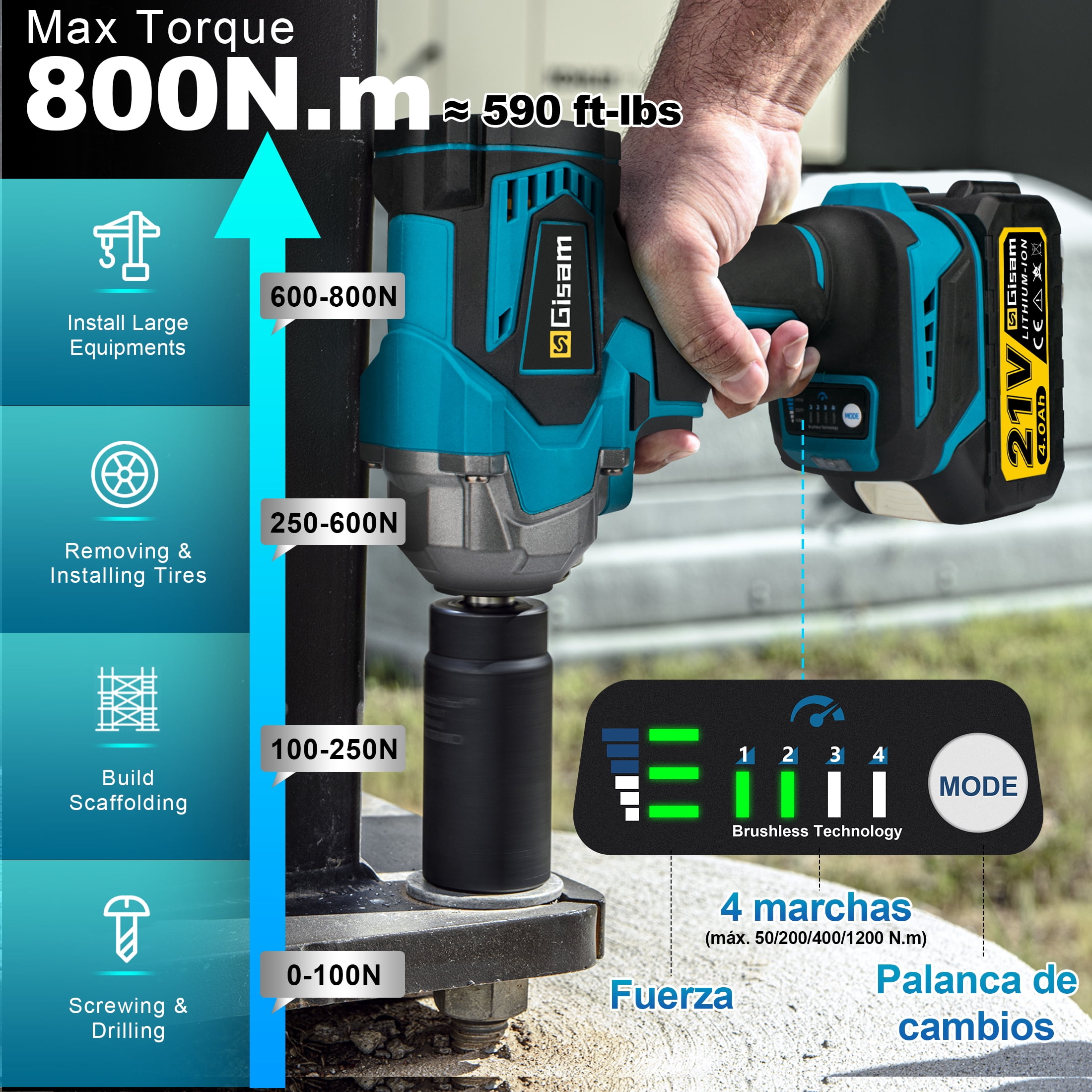 Gisam 800N.m(590 ft-lbs) Cordless Impact Wrench  with 2x4.0Ah Batteries & 13 Sockets Accessories, 1/2" Brushless High Torque  Impact Gun for Home Cars Tire
