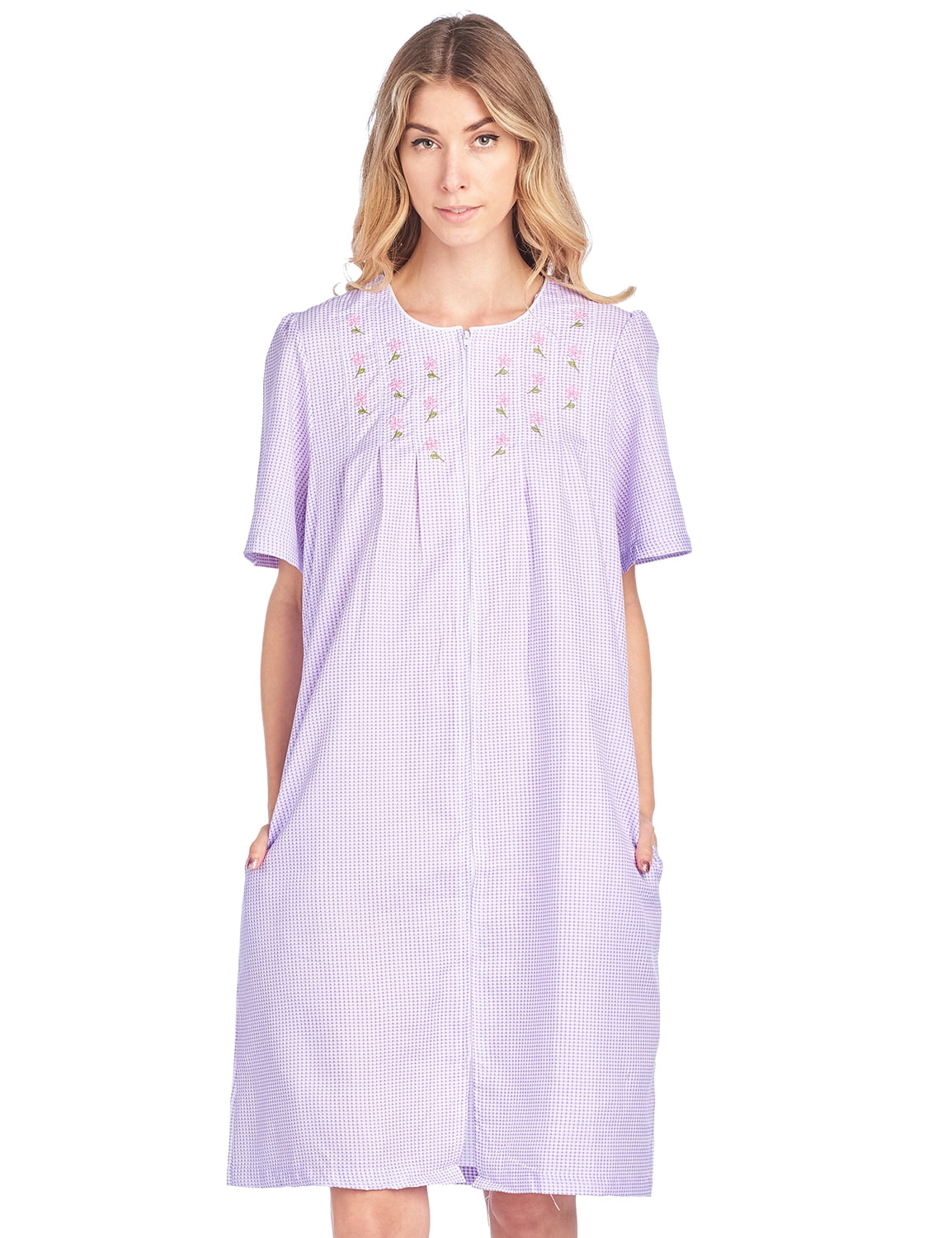 Casual Nights Women's Zipper Front Short Sleeve Gingham Housecoat