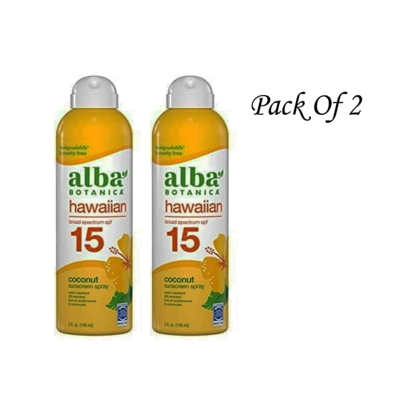 Alba Botanica Sunscreen Spray for Face and Body, Broad Spectrum SPF 15 Sunscreen, Hawaiian Coconut, Water Resistant and Biodegradable, 5 fl. oz. (Pack Of 2)
