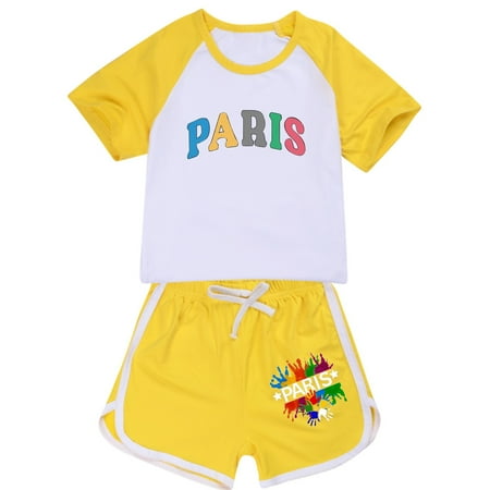 Little Girls Casual Outfit Sets Kid Boys Soft Short Sleeve T Shirt Top Blouse Shorts Pants Casual Children Two Piece Girls Summer Clothing Sets Cute Shorts Set Yellow 5-6 Years