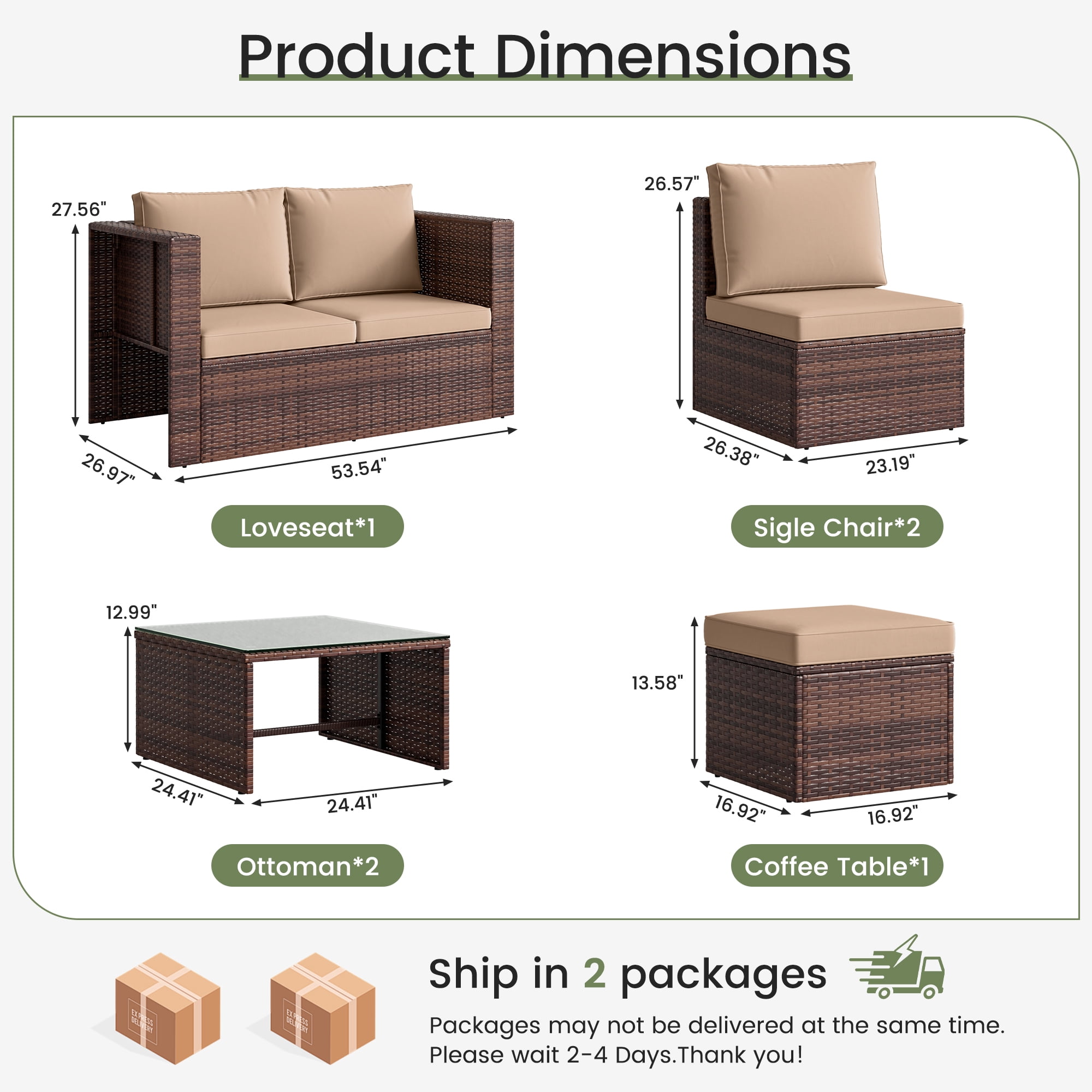 POTEBAN 6-Piece Space-Saving Patio Furniture Set, All Weather Brown Wicker Rattan Sectional Sofa with 2 Ottomans, Outdoor Conversation Set for Garden, Backyard, Khaki Cushions