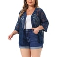 thumbnail image 3 of Agnes Orinda Women's Plus Size Cardigan Crochet Hollow Out Button Front V Neck 3/4 Sleeve Cover Up Casual Knit Cardigans 3X Blue, 3 of 5