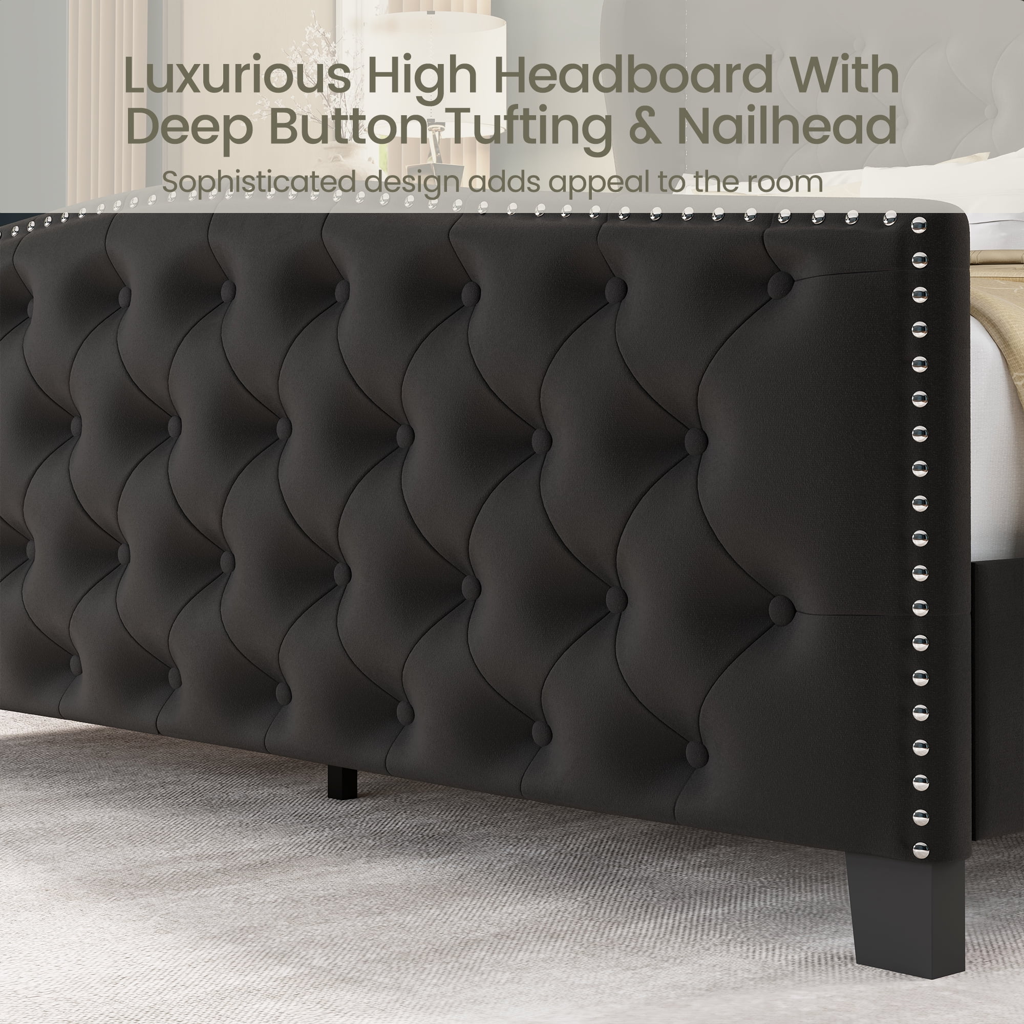 Breltam Queen Size Bed Frame Velvet Upholstered Platform Bed with Wingback Headboard, Dark Grey