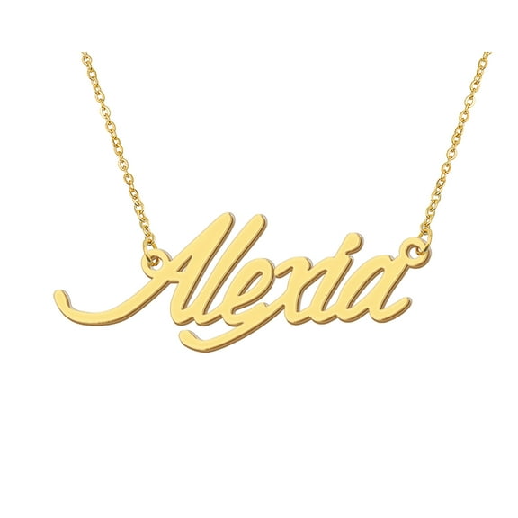HUAN XUN 18k Gold Plated Alexia Name Necklace Stainless Steel Nameplate Necklaces for Womens Mens Mother Day Christmas Jewelry Gift