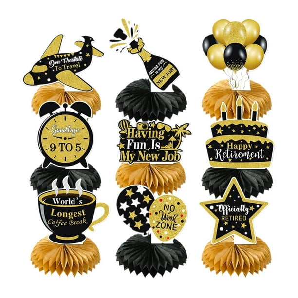 9 decoraciones para fiesta de jubilación, centro de mesa de jubilación con diseño de panal negro y dorado para despedidas familiares.