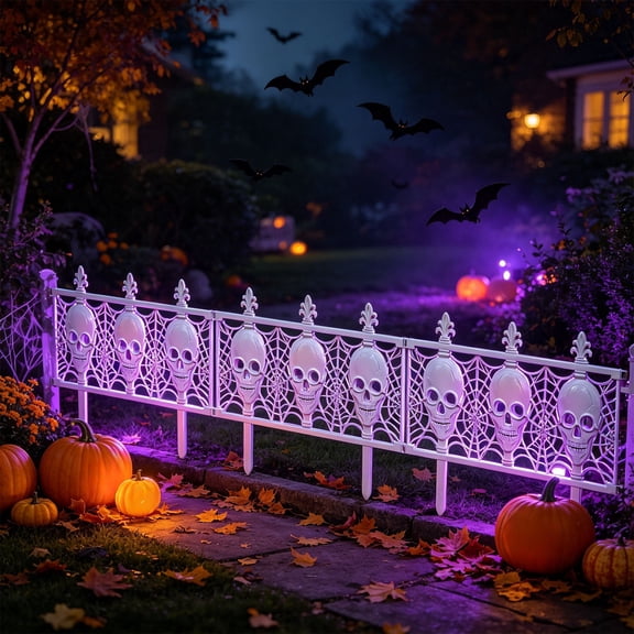 10pc Halloween Garden Fence with Skull Decor, Insert Lawn Picket Fence Garden Borders for Landscape ,Yard, Outdoor House, Graveyard, Party Decor,16x14in White(Skull)