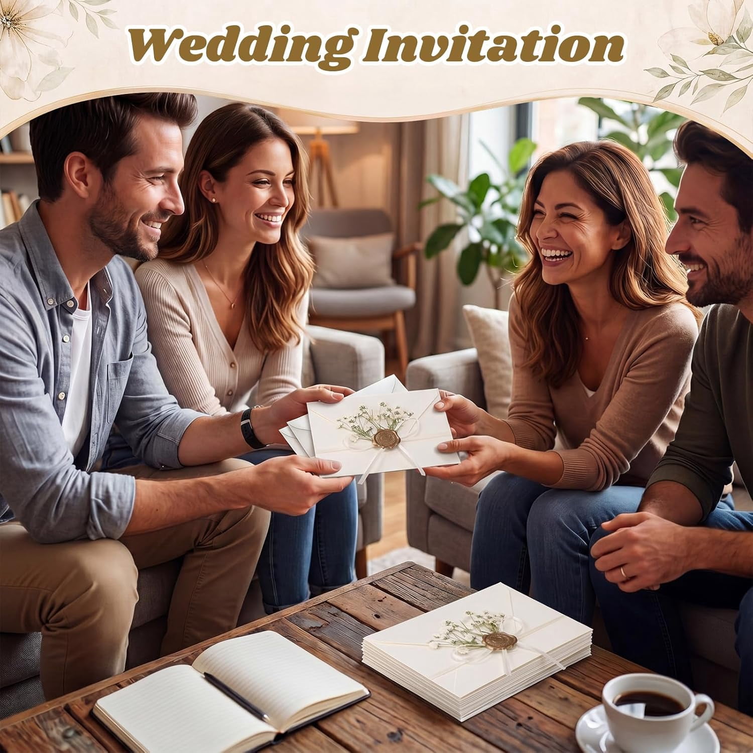 50 Sets Wedding Invitations Wraps Set Include Envelope for 5 x 7 Inch Invitations Self Adhesive Gold Wax Seal Sticker Dried Flowers for DIY Photos Cards Dining Table(Elegant,Beige)