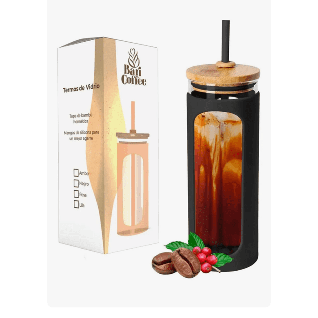 Vaso De Cristal Funda De Silicona Popote color negro