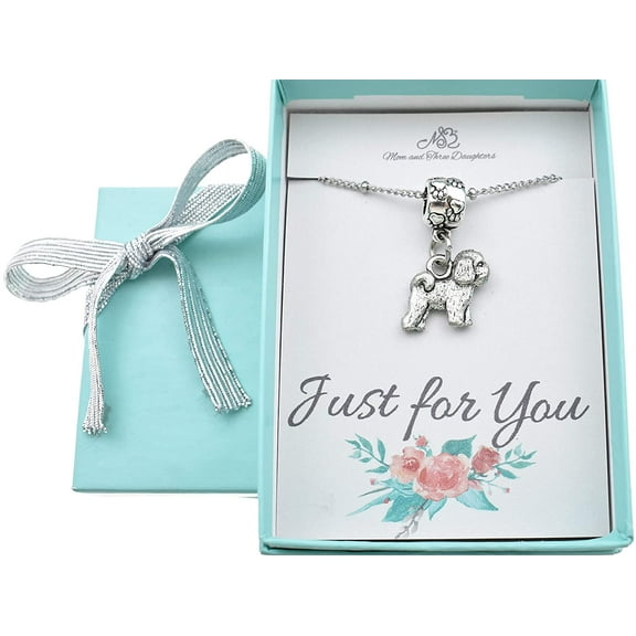 Bichon Frise Charm Necklace in Silver Pewter. 18 Inch Stainless Steel Saturn Chain