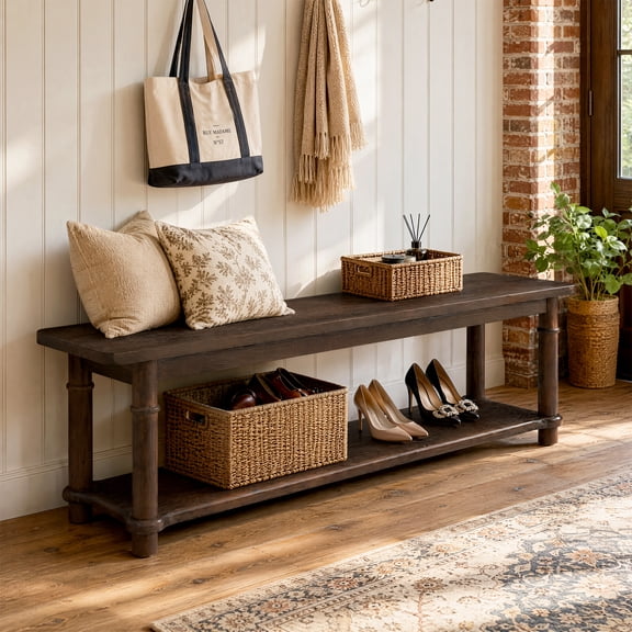 Finmind 55-inch Solid Wood Entryway Bench, Farmhouse 2-Tier Mudroom Shoe Bench with Open Shelf, for Hallway, Foyer, Bedroom, Dark Walnut