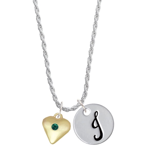 Delight Jewelry Goldtone Large May - Green Crystal Heart Silvertone Script Initial Disc - J - Charm Necklace, 20"+3"