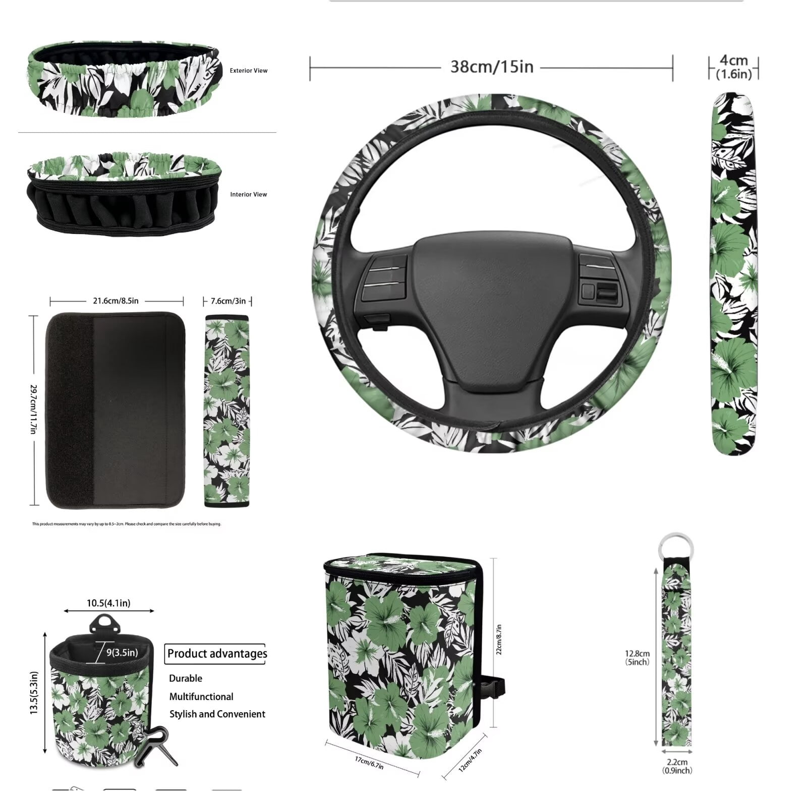 Garronmavis Aesthetic Tropical Flower 15 PCS Car Seat Cover Full Set 4 Pcs Car Seat Covers Steering Wheel Cover Keychain Car Trash Bag Car Pouch Organizer Rearview Mirror Cover Car Coasters