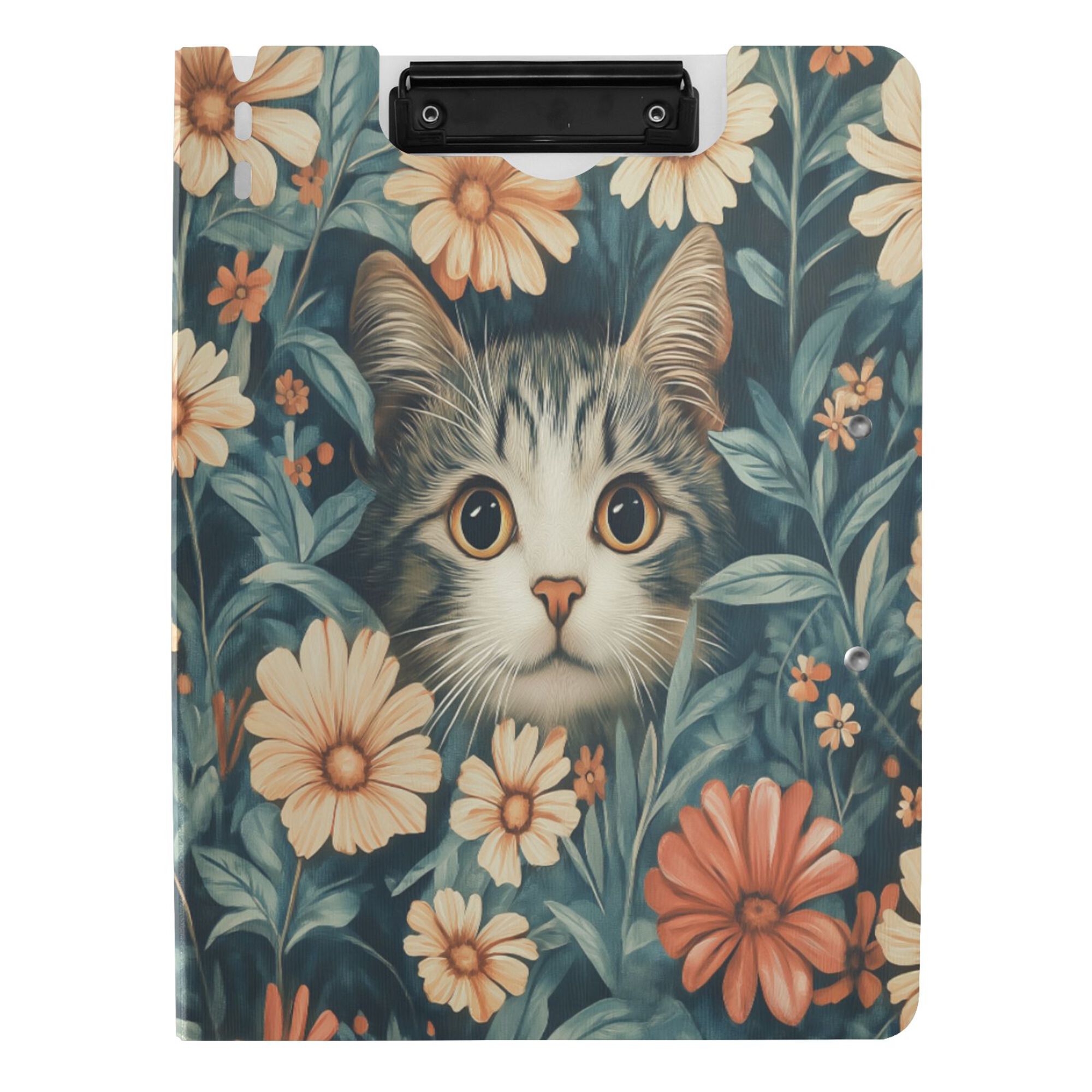 FORMRS A4 Clipboard Folder with Pen Holder Horizontal Foldable School Office Binder, Flowers Cat