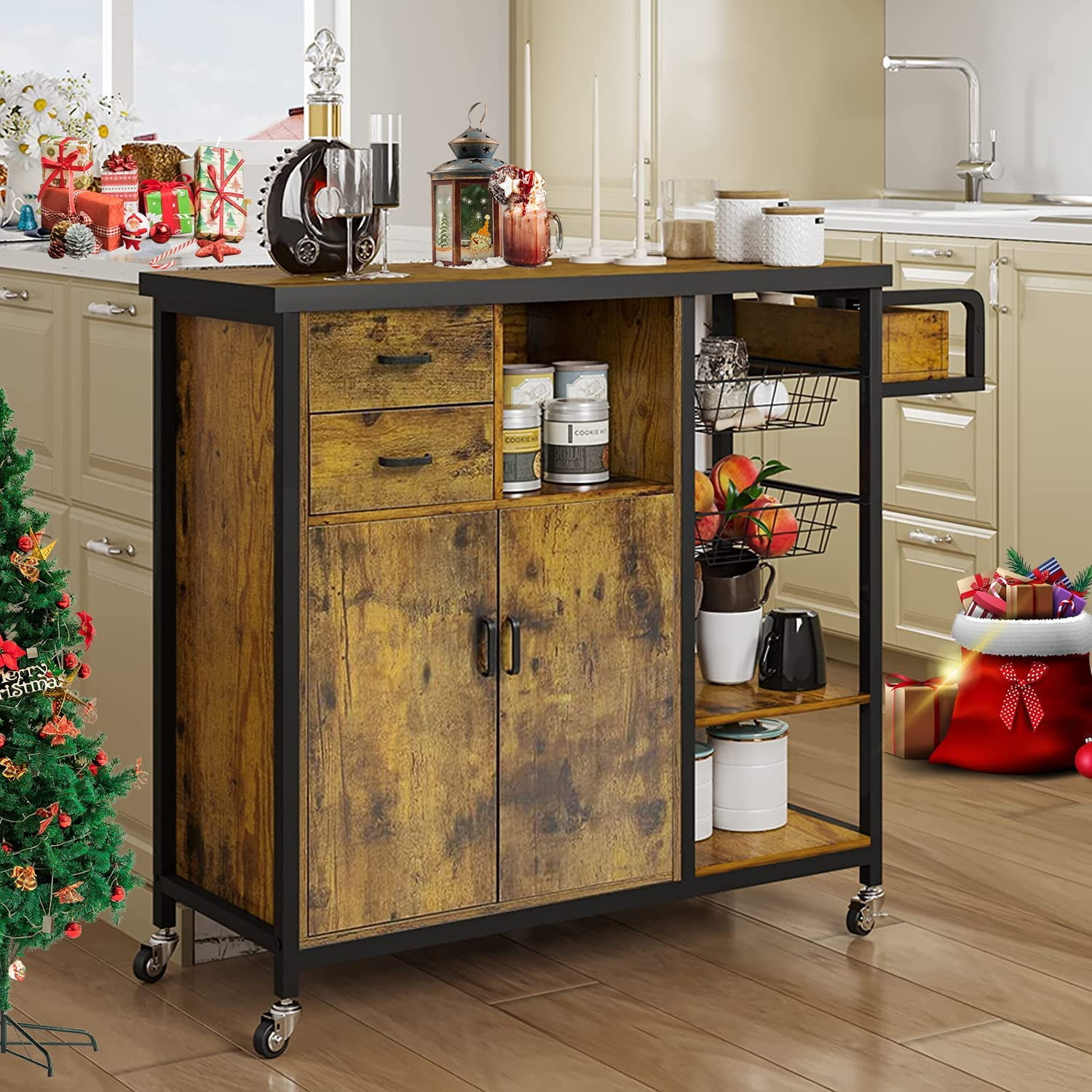 Hasuit Rolling Kitchen Island Cart with Drawers, Spice Rack, Basket and