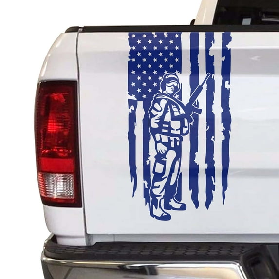 Soldier Enlisted Man Veteran Retired U.S. Army USAF USMC Distressed American USA US Flag Truck Tailgate Vinyl Decal Fits Most Pickup Trucks Military Sticker (11" x 20", Cobalt Blue)
