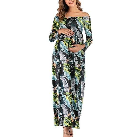 Herrnalise Maternity Word-Shoulder Long Sleeve Leaves Print Length-skirt Fashion Dress summer savings