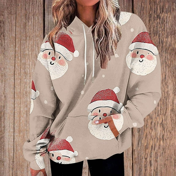 Uootdi Christmas Hoodies for Women Gift Fleece Christmas Classic Print Long Sleeve Sweatshirt Baggy Drawstring Pullover Winte r Warm Sweaters with Pocket