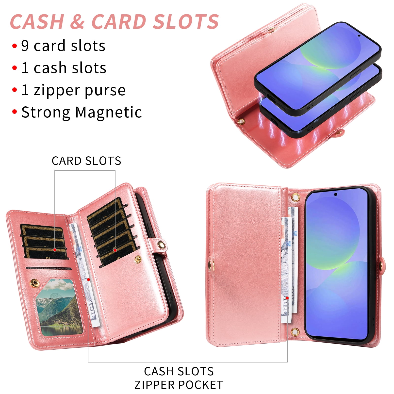 Asuwish Phone Case for Samsung Galaxy A36 5G Zipper Wallet Detachable Cell Cover with Tempered Glass Screen Protector Crossbody Strap Flower Flip Card Holder A 36 36A LTE SM-A366U Women Men Rose Gold