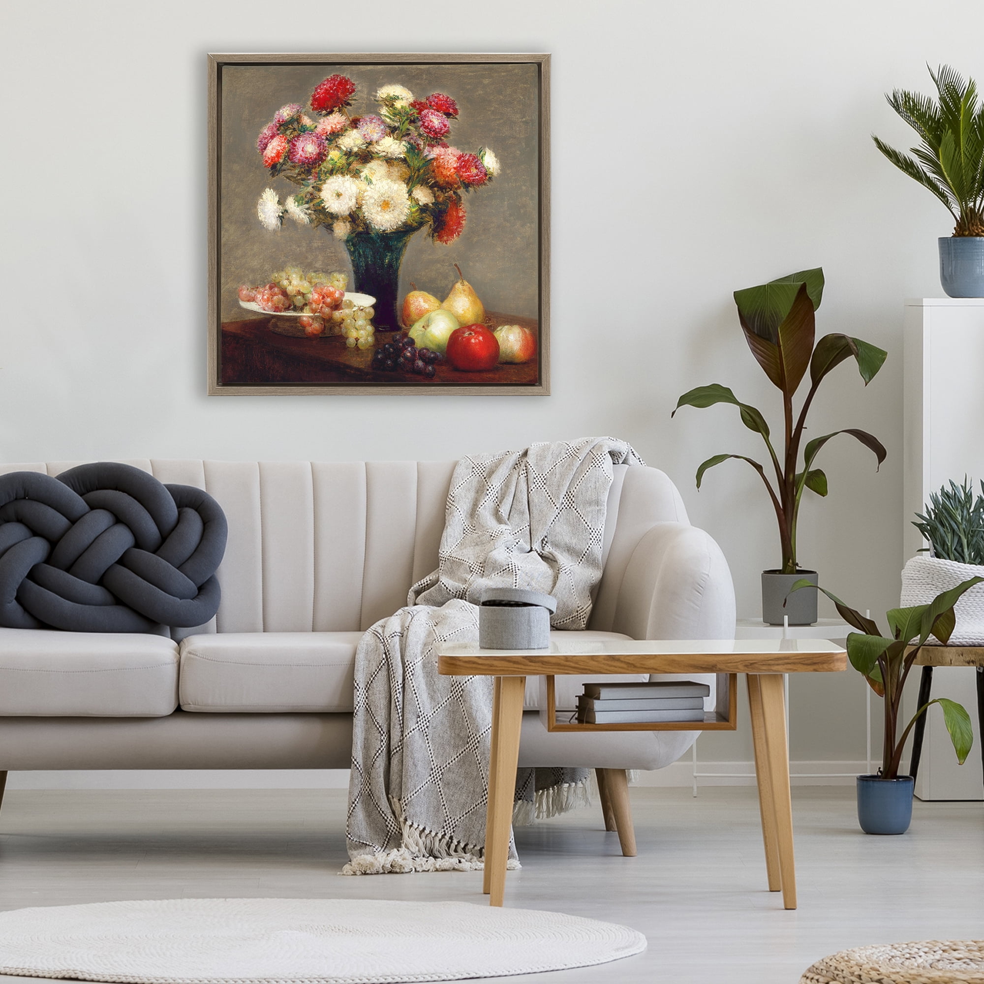 Stupell Industries Fruit & Asters Still Life Brown Framed Floater Canvas Wall Art, design by CAD Designs