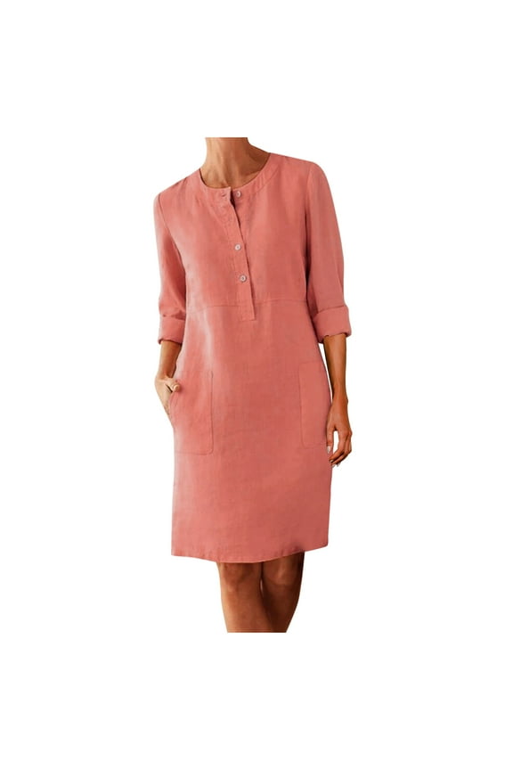 Winter Fall Dresses for Women Wedding Guest 3/4 Sleeve Round Neck Knee-Length Linen Dress Boho Casual Loose Dress With Buttons