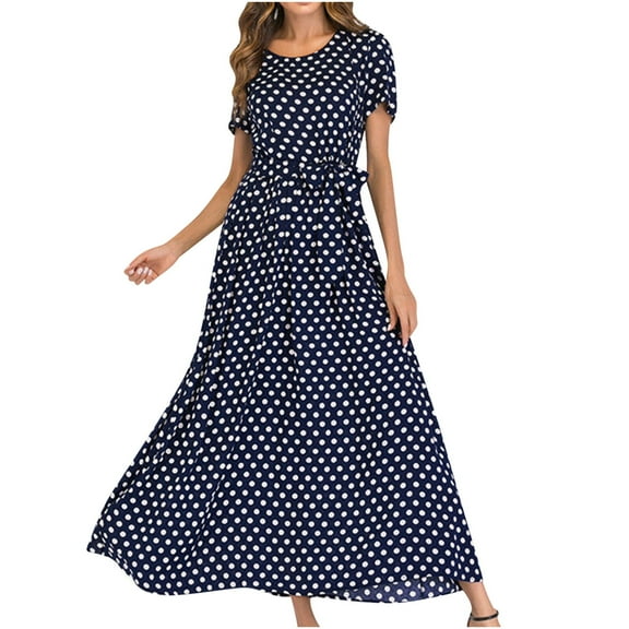 Fesfesfes Fashion Women Semi Formal Dress Round Neck Short Sleeve Beach Dress Polka Dot Waist Lace Up Bandage Long Dress Gifts for Her