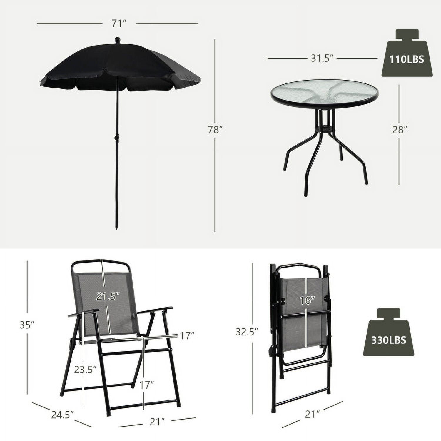 Aimee Lii 6 Pieces Patio Dining Set Folding Chairs Glass Table Tilt Umbrella for Garden, Outdoor Patio Furniture, Gray