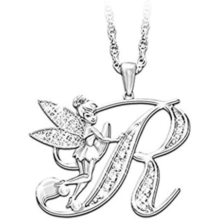 14K White Gold Finish Round Cut White Diamond 925 Sterling Silver Diamond Cute Elf Angele With R Initial Letter Pendant Necklace for Women