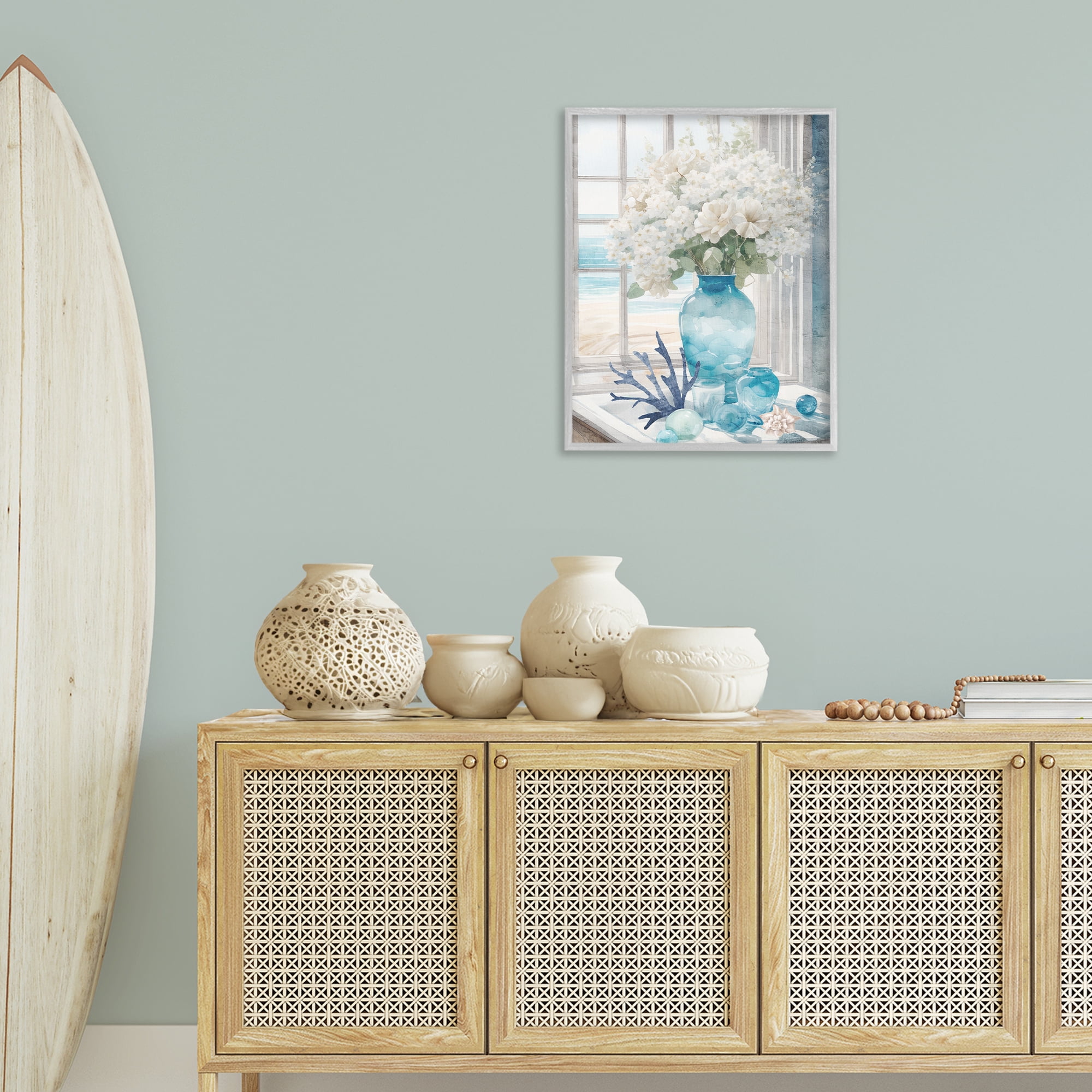 Stupell Industries Coastal Flower Vase Botanical & Floral Painting Gray Framed Art Print Wall Art, 24 x 30