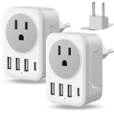 2 Pack European Plug Adapter USB C, Meromore US to Europe Adapter 4 USB Charger, Type C International Power Adaptor to Italy Spain France Portugal Iceland Germany, Europe Travel Essentials