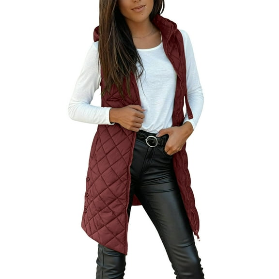 cocolona Long Puffer Vest Women Lightweight Sleeveless Hooded Quilted Jackets Winter Warm Casual Down Coat with Pockets