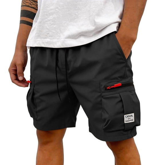 Domuza Cargo Short for Men Summer Casual Lightweight Elastic Drawstring Waist Outdoor Short Pants Work Hiking Buttom with Zipper Pocket Black 3XL