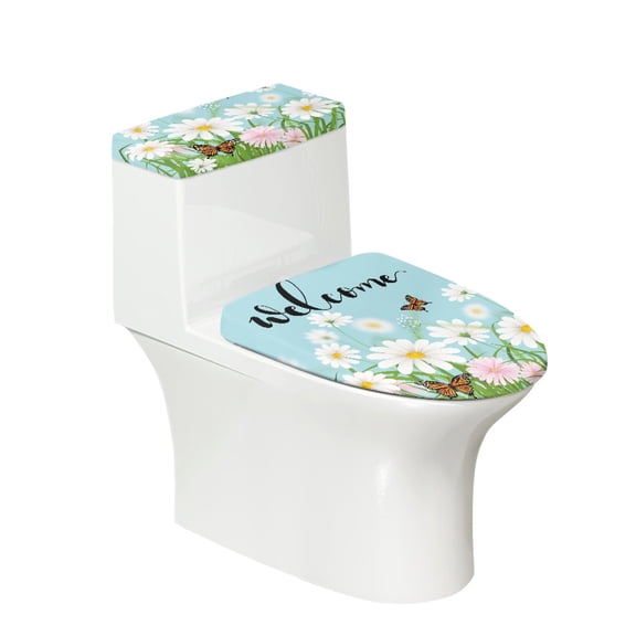 HELLHERO Daisy Butterfly Toilet Lid Cover Set 17"x21", 2 Pieces Stretchable Toilet Tank Lid Cover for Bathroom Home Decoration