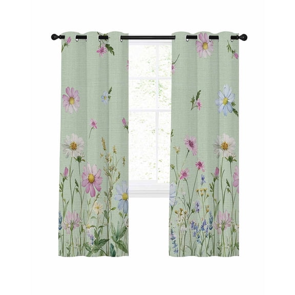 Flower Green Blackout Curtains, Light Blocking Print Window Curtains, Blue Pink Daisy Wildflower Floral Botanical Thermal Insulated Window Drapes for Living Room 2 Panels, 104"W x 52"L