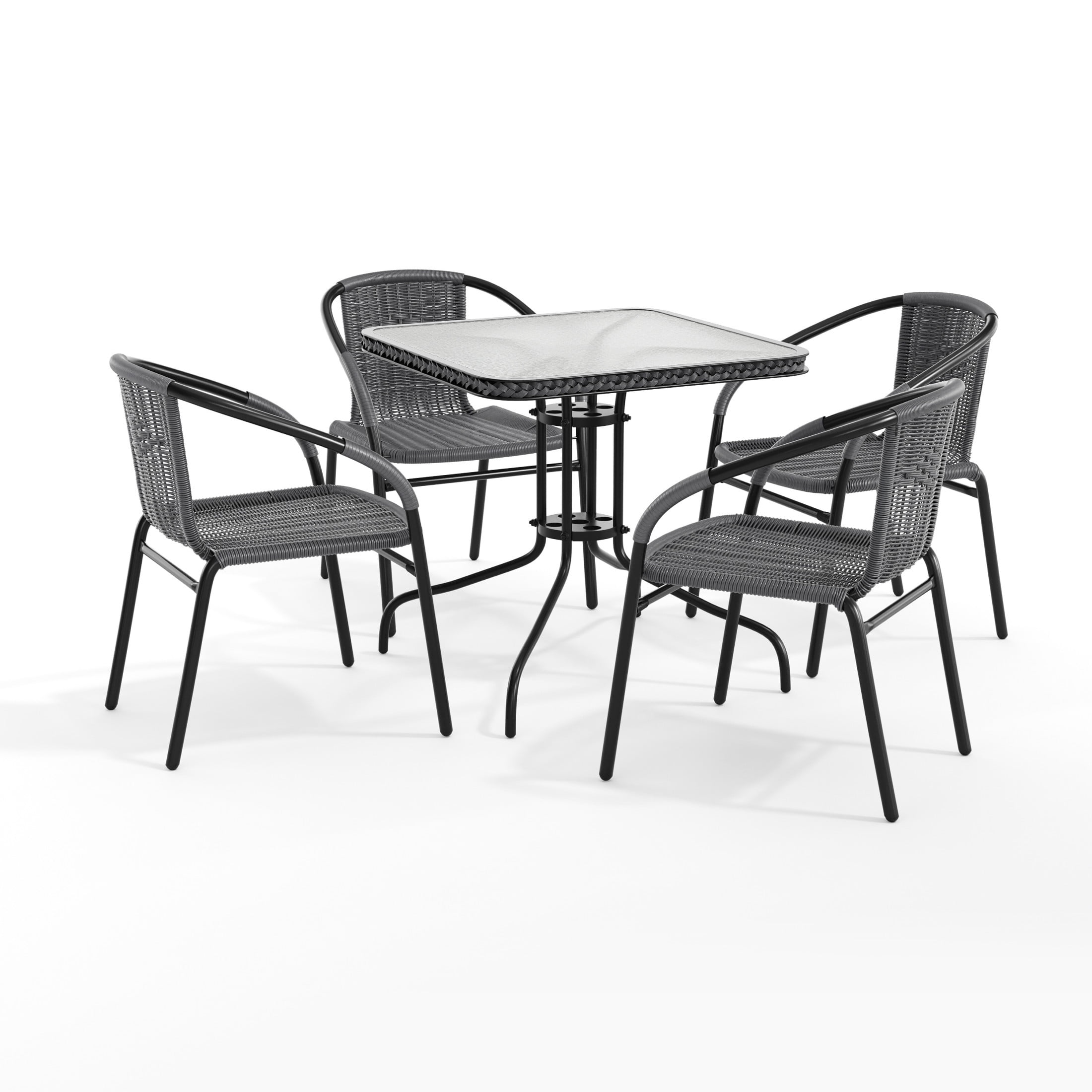 Flash Furniture 28'' Square Glass Metal Table with Gray Rattan Edging and 4 Gray Rattan Stack Chairs
