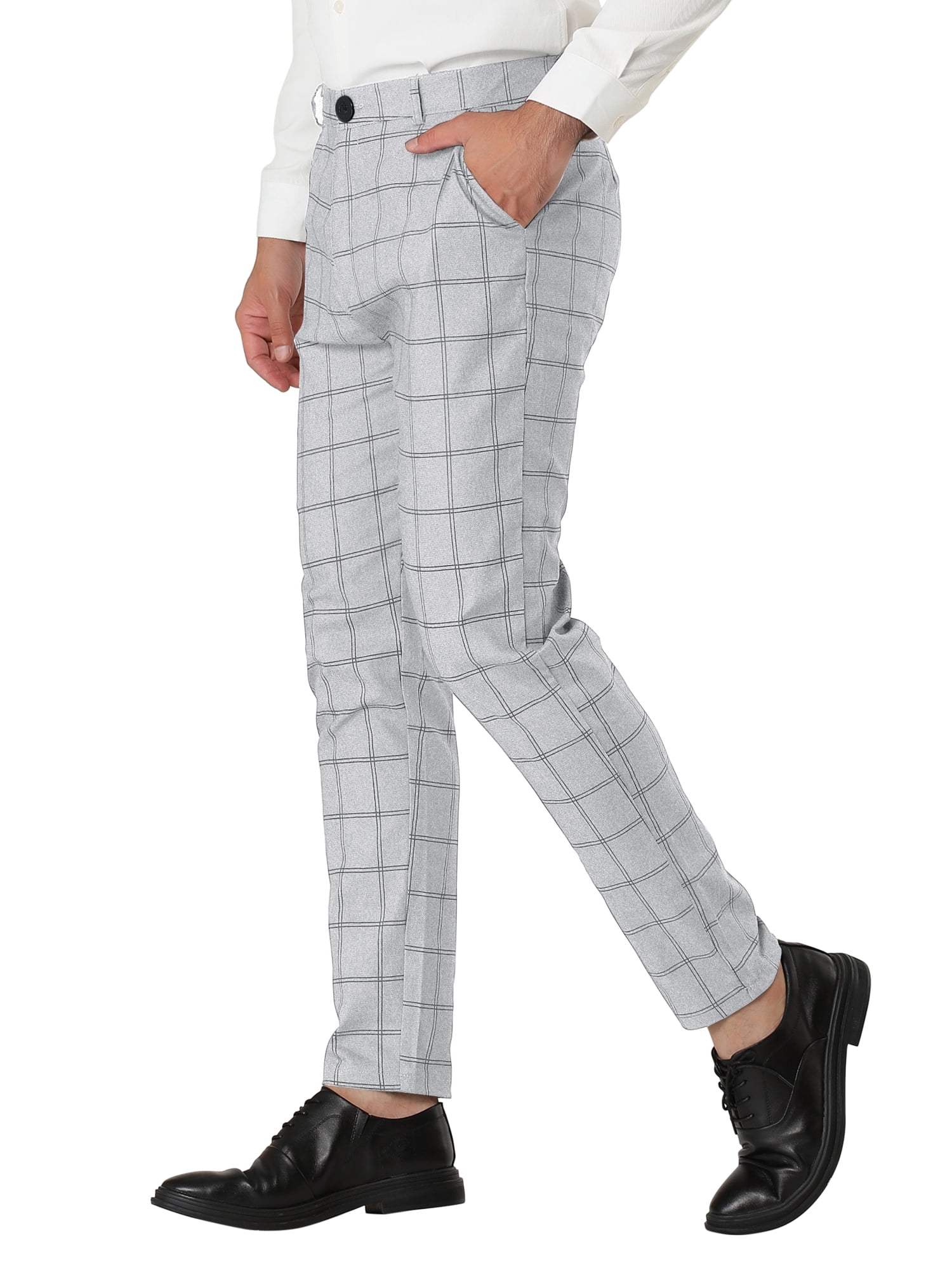 Unique Bargains Men's Slim Fit Plaid Business Pants Trousers with Pockets 30 Light Grey