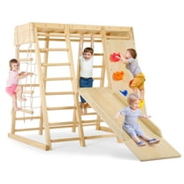 7-in-1 Indoor Playground Jungle Gym,  Easoger Montessori Waldorf Style Wooden Climber Playset Slide, Rock Climbing Wall, Rope Wall Climber, Monkey Bars, Swing for Toddlers, Children Kids