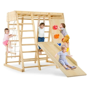 7-in-1 Indoor Playground Jungle Gym,  Easoger Montessori Waldorf Style Wooden Climber Playset Slide, Rock Climbing Wall, Rope Wall Climber, Monkey Bars, Swing for Toddlers, Children Kids
