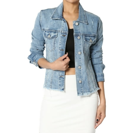 TheMogan Junior's Distressed Frayed Hem Stretch Washed Jean Slim Denim Jacket