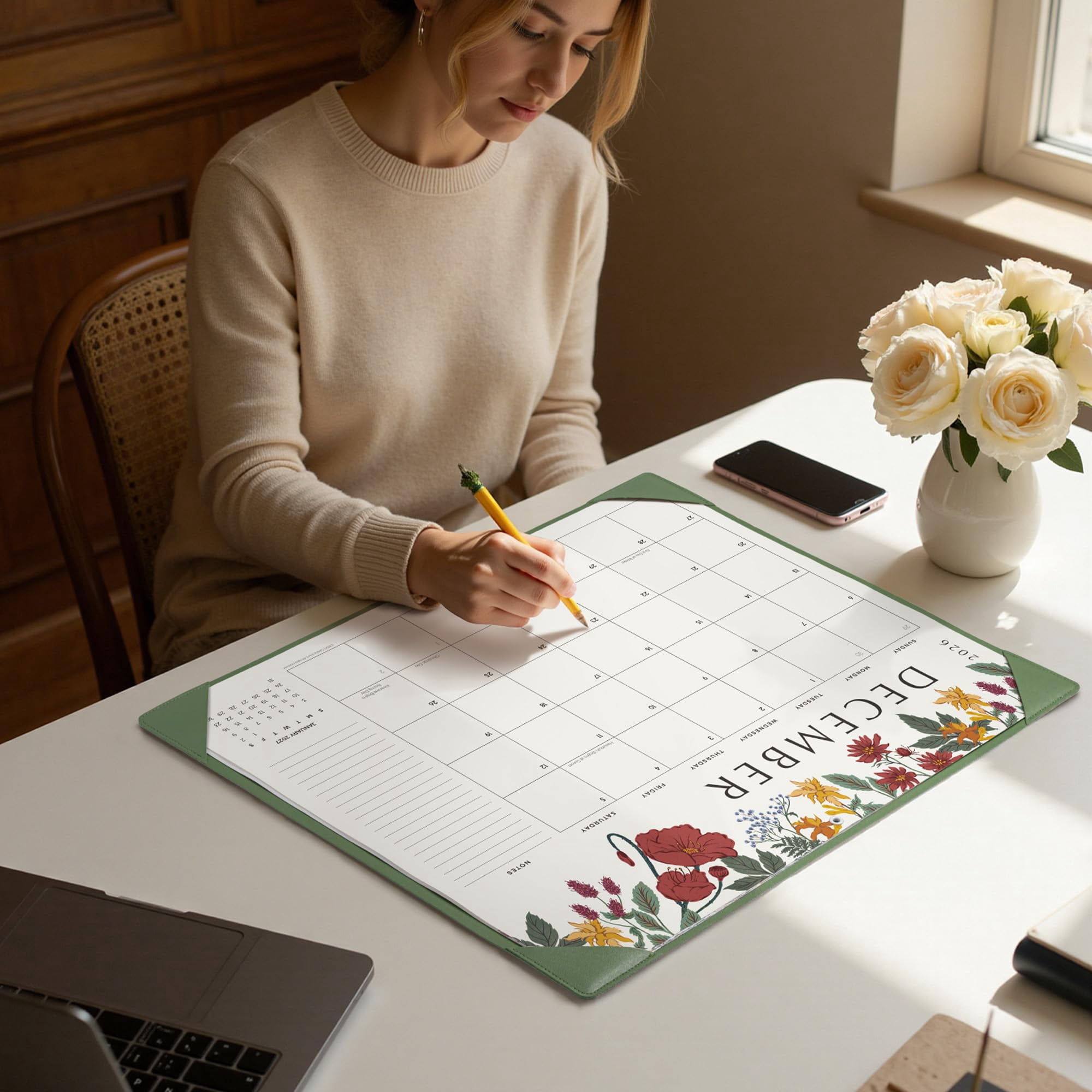 Desk Calendar 2026 With Desktop Mat  Large Pad 22 X 17 Inch Runs From July 2026 To December 2027 Classic Floral Design 2026 For Home School And Office (green)