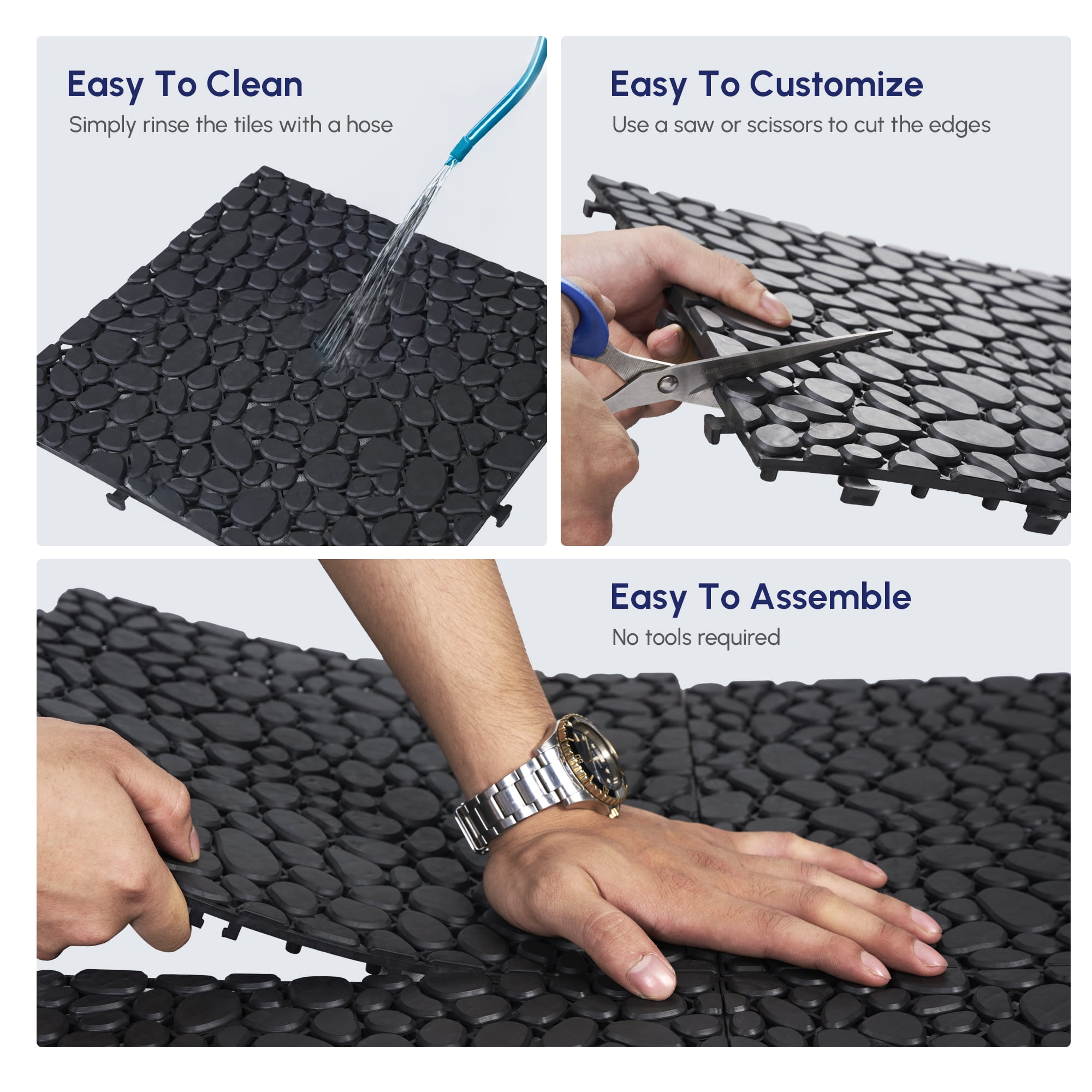12 x 12 Inch Black Pebble Stone Pattern Interlocking Deck Tiles, Anti-slip Outdoor Floor Tiles with 440 LBS Weight Capacity for Bathroom Shower Balcony Porch Backyard Patio, Pack of 12